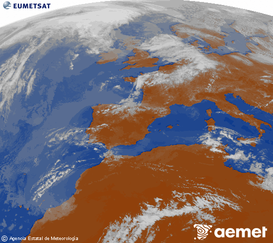Imagen de la zona de Europa y Norte de �frica del canal infrarrojo del sat�lite Meteosat operacional en 0�N 0�W, procesada para darle color.&nbsp;Monday, 27 April  2026 13:00