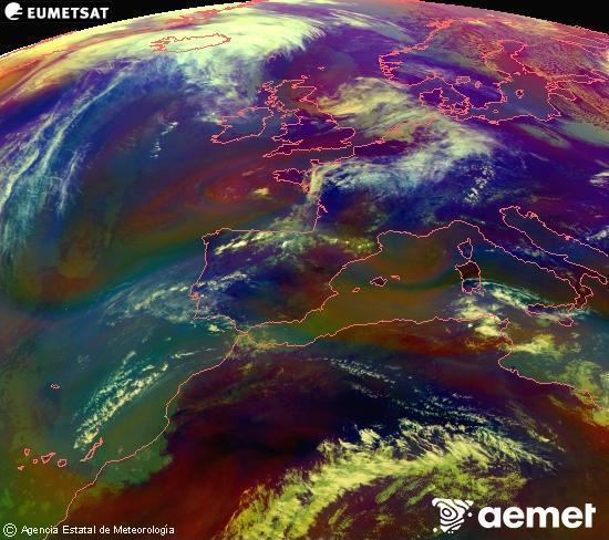 RGB composition where several channels of satellite Meteosat operational in 0� N 0� W are mixed, providing air mass and cloudiness features.&nbsp;Monday, 27 April  2026 14:00