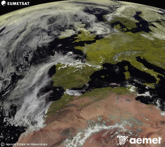 Esta imagen se genera utilizando informaci�n de los canales visibles del sat�lite METEOSAT perteneciente a la segunda generaci�n de sat�lites Meteosat (MSG). Por ese motivo, s�lo hay informaci�n en la zona iluminada por el sol. Adem�s, los canales han sido normalizados para que el brillo no dependa de la posici�n del sol.&nbsp;Monday, 27 April  2026 14:00