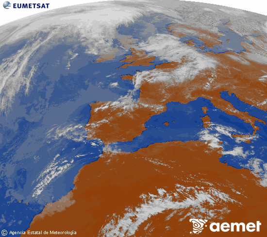 Imagen de la zona de Europa y Norte de �frica del canal infrarrojo del sat�lite Meteosat operacional en 0�N 0�W, procesada para darle color.&nbsp;Monday, 27 April  2026 14:00