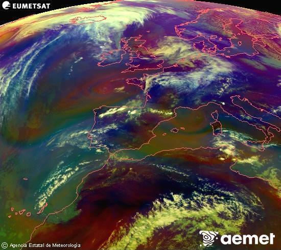 RGB composition where several channels of satellite Meteosat operational in 0� N 0� W are mixed, providing air mass and cloudiness features.&nbsp;Monday, 27 April  2026 15:00