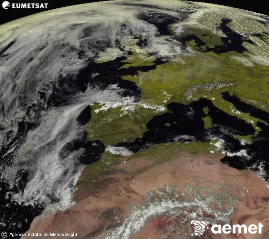 Esta imagen se genera utilizando informaci�n de los canales visibles del sat�lite METEOSAT perteneciente a la segunda generaci�n de sat�lites Meteosat (MSG). Por ese motivo, s�lo hay informaci�n en la zona iluminada por el sol. Adem�s, los canales han sido normalizados para que el brillo no dependa de la posici�n del sol.&nbsp;Monday, 27 April  2026 15:00