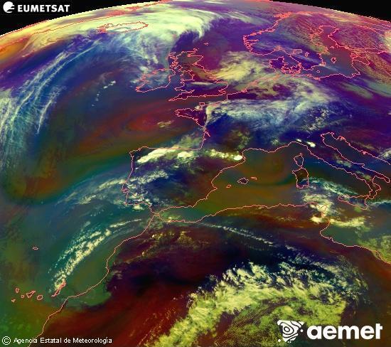 RGB composition where several channels of satellite Meteosat operational in 0� N 0� W are mixed, providing air mass and cloudiness features.&nbsp;Monday, 27 April  2026 16:00
