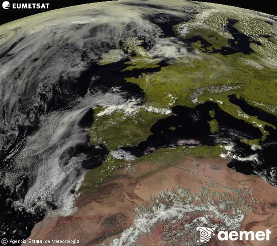 Esta imagen se genera utilizando informaci�n de los canales visibles del sat�lite METEOSAT perteneciente a la segunda generaci�n de sat�lites Meteosat (MSG). Por ese motivo, s�lo hay informaci�n en la zona iluminada por el sol. Adem�s, los canales han sido normalizados para que el brillo no dependa de la posici�n del sol.&nbsp;Monday, 27 April  2026 16:00