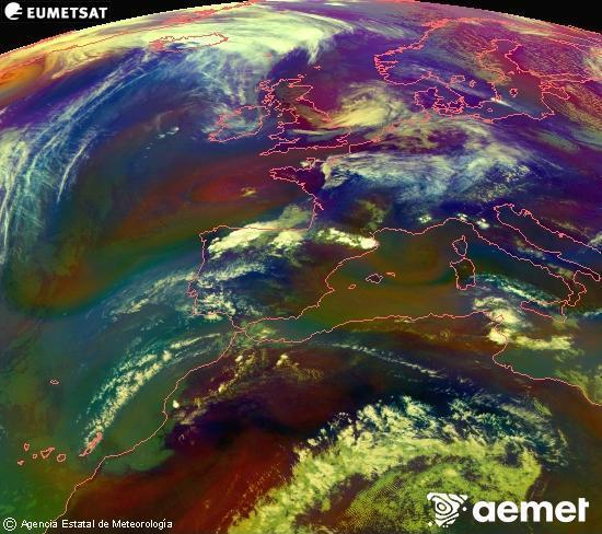 RGB composition where several channels of satellite Meteosat operational in 0� N 0� W are mixed, providing air mass and cloudiness features.&nbsp;Monday, 27 April  2026 17:00