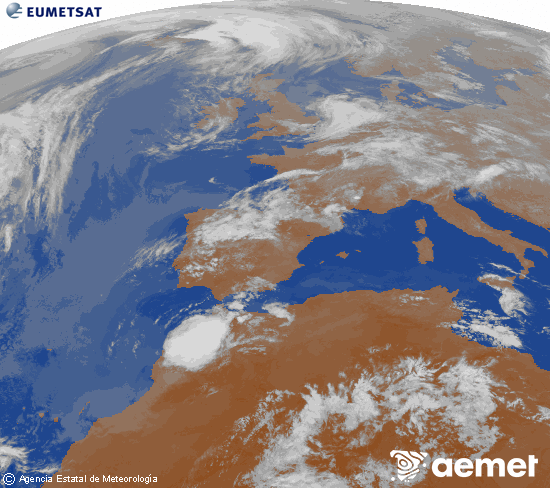 Imagen de la zona de Europa y Norte de �frica del canal infrarrojo del sat�lite Meteosat operacional en 0�N 0�W, procesada para darle color.&nbsp;lunes, 27 abril 2026 a las 23:00