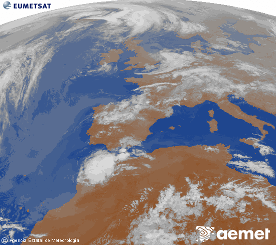 Imagen de la zona de Europa y Norte de �frica del canal infrarrojo del sat�lite Meteosat operacional en 0�N 0�W, procesada para darle color.&nbsp;martes, 28 abril 2026 a las 01:00