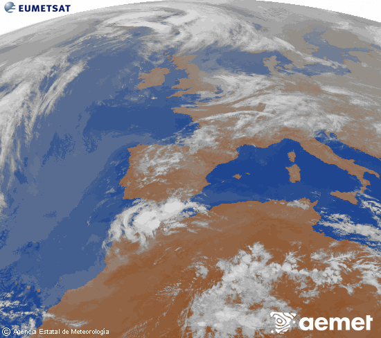 Imagen de la zona de Europa y Norte de �frica del canal infrarrojo del sat�lite Meteosat operacional en 0�N 0�W, procesada para darle color.&nbsp;martes, 28 abril 2026 a las 03:00