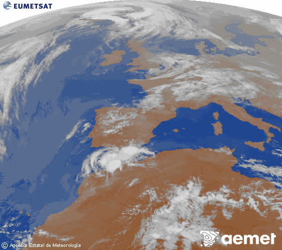Imagen de la zona de Europa y Norte de �frica del canal infrarrojo del sat�lite Meteosat operacional en 0�N 0�W, procesada para darle color.&nbsp;martes, 28 abril 2026 a las 04:00