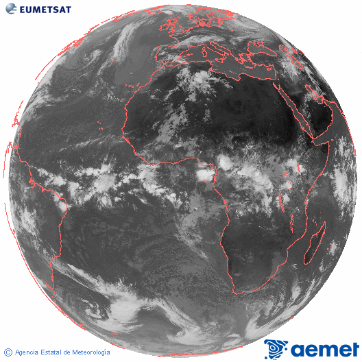 Imagen global del canal infrarrojo (10.8 &mu;m) del sat�lite Meteosat, perteneciente a la serie MSG (Meteosat Segunda Generaci�n) y situado en 0�N 0�E.&nbsp;martes, 28 abril 2026 a las 11:00