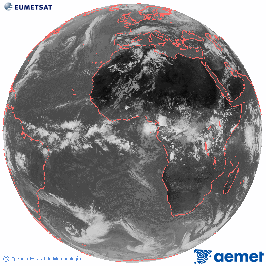 Imagen global del canal infrarrojo (10.8 &mu;m) del sat�lite Meteosat, perteneciente a la serie MSG (Meteosat Segunda Generaci�n) y situado en 0�N 0�E.&nbsp;martes, 28 abril 2026 a las 14:00