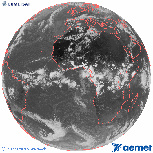 Imagen global del canal infrarrojo (10.8 &mu;m) del sat�lite Meteosat, perteneciente a la serie MSG (Meteosat Segunda Generaci�n) y situado en 0�N 0�E.&nbsp;martes, 28 abril 2026 a las 17:00
