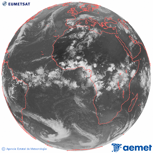 Imagen global del canal infrarrojo (10.8 &mu;m) del sat�lite Meteosat, perteneciente a la serie MSG (Meteosat Segunda Generaci�n) y situado en 0�N 0�E.&nbsp;martes, 28 abril 2026 a las 20:00