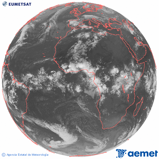 Imagen global del canal infrarrojo (10.8 &mu;m) del sat�lite Meteosat, perteneciente a la serie MSG (Meteosat Segunda Generaci�n) y situado en 0�N 0�E.&nbsp;martes, 28 abril 2026 a las 23:00