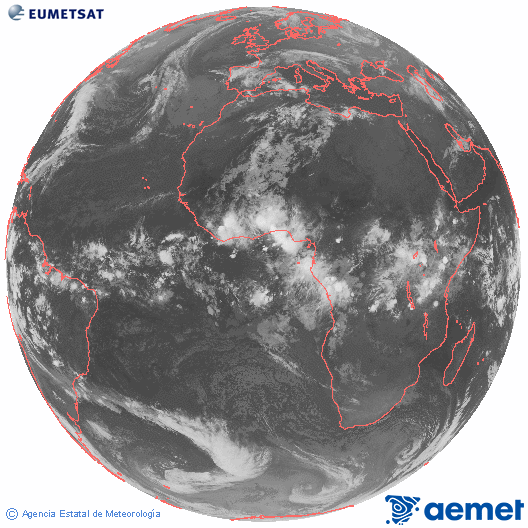 Imagen global del canal infrarrojo (10.8 &mu;m) del sat�lite Meteosat, perteneciente a la serie MSG (Meteosat Segunda Generaci�n) y situado en 0�N 0�E.&nbsp;mi�rcoles, 29 abril 2026 a las 02:00