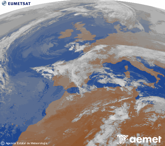 Imagen de la zona de Europa y Norte de �frica del canal infrarrojo del sat�lite Meteosat operacional en 0�N 0�W, procesada para darle color.&nbsp;asteazkena, 2026ko apirilak 29, ordua: 05:00