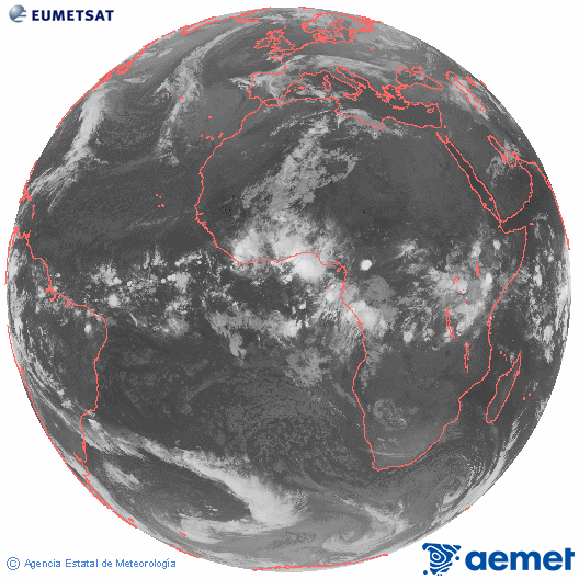 Imagen global del canal infrarrojo (10.8 &mu;m) del sat�lite Meteosat, perteneciente a la serie MSG (Meteosat Segunda Generaci�n) y situado en 0�N 0�E.&nbsp;mi�rcoles, 29 abril 2026 a las 05:00