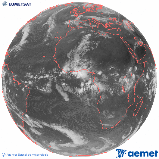 Imagen global del canal infrarrojo (10.8 &mu;m) del sat�lite Meteosat, perteneciente a la serie MSG (Meteosat Segunda Generaci�n) y situado en 0�N 0�E.&nbsp;mi�rcoles, 29 abril 2026 a las 08:00