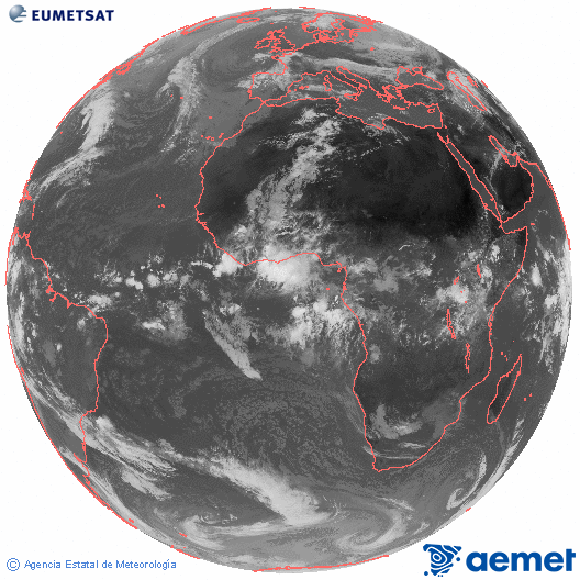 Imagen global del canal infrarrojo (10.8 &mu;m) del sat�lite Meteosat, perteneciente a la serie MSG (Meteosat Segunda Generaci�n) y situado en 0�N 0�E.&nbsp;mi�rcoles, 29 abril 2026 a las 11:00