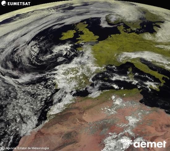 Esta imagen se genera utilizando informaci�n de los canales visibles del sat�lite METEOSAT perteneciente a la segunda generaci�n de sat�lites Meteosat (MSG). Por ese motivo, s�lo hay informaci�n en la zona iluminada por el sol. Adem�s, los canales han sido normalizados para que el brillo no dependa de la posici�n del sol.&nbsp;asteazkena, 2026ko apirilak 29, ordua: 13:00