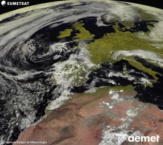 Esta imagen se genera utilizando informaci�n de los canales visibles del sat�lite METEOSAT perteneciente a la segunda generaci�n de sat�lites Meteosat (MSG). Por ese motivo, s�lo hay informaci�n en la zona iluminada por el sol. Adem�s, los canales han sido normalizados para que el brillo no dependa de la posici�n del sol.&nbsp;asteazkena, 2026ko apirilak 29, ordua: 14:00