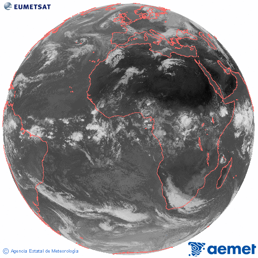 Imaxe global da canle infravermella (10.8 &mu;m) do sat�lite  Meteosat, pertencente � serie MSX (Meteosat Segunda Xeraci�n) e situado en 0�N 0�E.&nbsp;xoves, 30 abril  2026 11:00
