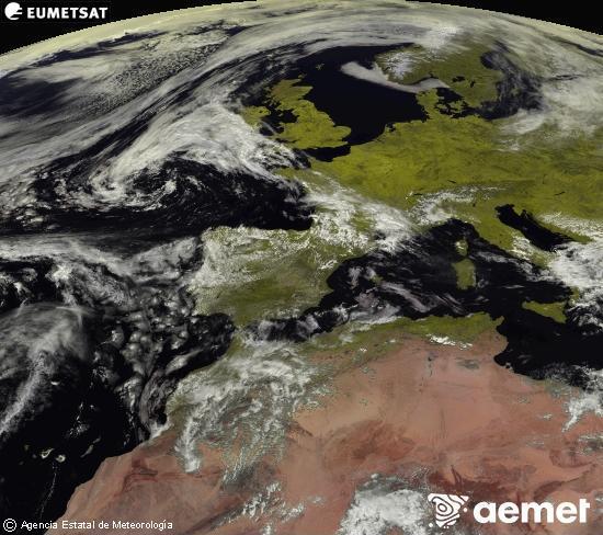 Esta imagen se genera utilizando informaci�n de los canales visibles del sat�lite METEOSAT perteneciente a la segunda generaci�n de sat�lites Meteosat (MSG). Por ese motivo, s�lo hay informaci�n en la zona iluminada por el sol. Adem�s, los canales han sido normalizados para que el brillo no dependa de la posici�n del sol.&nbsp;jueves, 30 abril 2026 a las 14:00