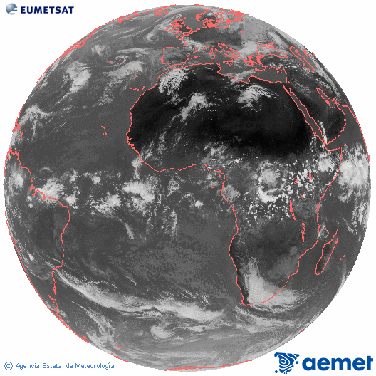 Imaxe global da canle infravermella (10.8 &mu;m) do sat�lite  Meteosat, pertencente � serie MSX (Meteosat Segunda Xeraci�n) e situado en 0�N 0�E.&nbsp;xoves, 30 abril  2026 14:00