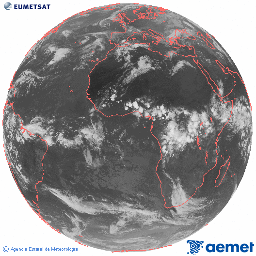 Imaxe global da canle infravermella (10.8 &mu;m) do sat�lite  Meteosat, pertencente � serie MSX (Meteosat Segunda Xeraci�n) e situado en 0�N 0�E.&nbsp;xoves, 30 abril  2026 20:00
