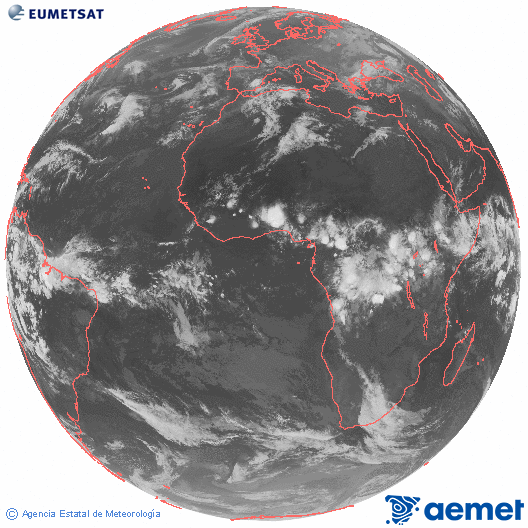 Imaxe global da canle infravermella (10.8 &mu;m) do sat�lite  Meteosat, pertencente � serie MSX (Meteosat Segunda Xeraci�n) e situado en 0�N 0�E.&nbsp;xoves, 30 abril  2026 23:00