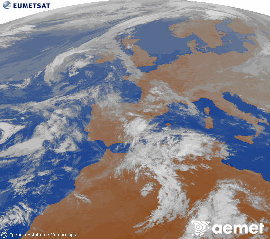 Imagen de la zona de Europa y Norte de �frica del canal infrarrojo del sat�lite Meteosat operacional en 0�N 0�W, procesada para darle color.&nbsp;vendredi, 1 mai  2026 01:00