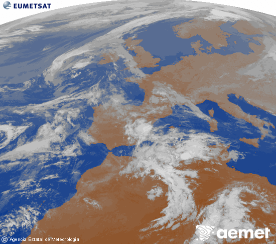 Imagen de la zona de Europa y Norte de �frica del canal infrarrojo del sat�lite Meteosat operacional en 0�N 0�W, procesada para darle color.&nbsp;vendredi, 1 mai  2026 02:00