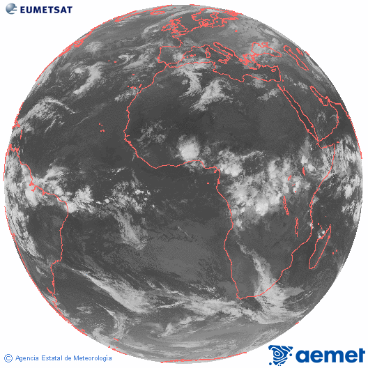 Imaxe global da canle infravermella (10.8 &mu;m) do sat�lite  Meteosat, pertencente � serie MSX (Meteosat Segunda Xeraci�n) e situado en 0�N 0�E.&nbsp;venres, 1 maio  2026 02:00