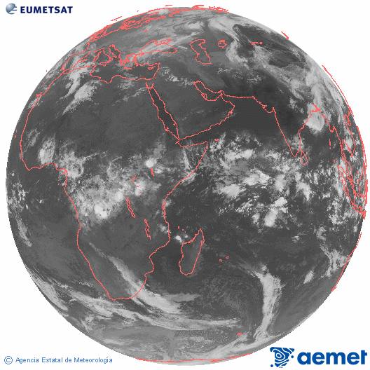Oc�ano �ndico. Imaxe global da canle infravermella (10.8&mu;m) de Meteosat, pertencente � serie MSX (Meteosat Segunda Xeraci�n) e situado en 41.5°E.&nbsp;venres, 1 maio  2026 05:00