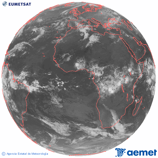 Imaxe global da canle infravermella (10.8 &mu;m) do sat�lite  Meteosat, pertencente � serie MSX (Meteosat Segunda Xeraci�n) e situado en 0�N 0�E.&nbsp;venres, 1 maio  2026 05:00