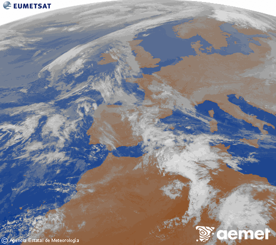 Imagen de la zona de Europa y Norte de �frica del canal infrarrojo del sat�lite Meteosat operacional en 0�N 0�W, procesada para darle color.&nbsp;vendredi, 1 mai  2026 06:00