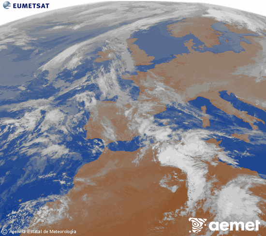 Imagen de la zona de Europa y Norte de �frica del canal infrarrojo del sat�lite Meteosat operacional en 0�N 0�W, procesada para darle color.&nbsp;vendredi, 1 mai  2026 07:00