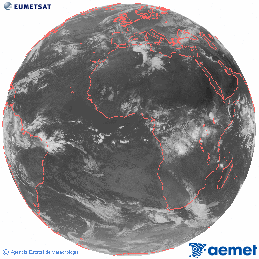 Imaxe global da canle infravermella (10.8 &mu;m) do sat�lite  Meteosat, pertencente � serie MSX (Meteosat Segunda Xeraci�n) e situado en 0�N 0�E.&nbsp;venres, 1 maio  2026 08:00