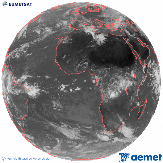 Imaxe global da canle infravermella (10.8 &mu;m) do sat�lite  Meteosat, pertencente � serie MSX (Meteosat Segunda Xeraci�n) e situado en 0�N 0�E.&nbsp;venres, 1 maio  2026 11:00