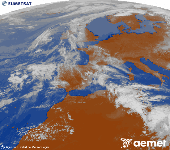 Imagen de la zona de Europa y Norte de �frica del canal infrarrojo del sat�lite Meteosat operacional en 0�N 0�W, procesada para darle color.&nbsp;vendredi, 1 mai  2026 14:00