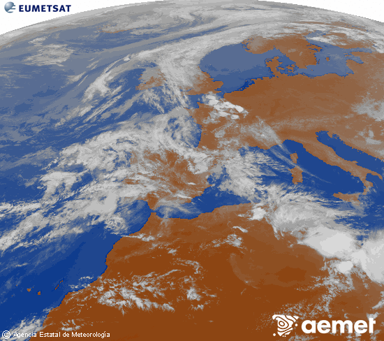 Imagen de la zona de Europa y Norte de �frica del canal infrarrojo del sat�lite Meteosat operacional en 0�N 0�W, procesada para darle color.&nbsp;vendredi, 1 mai  2026 19:00