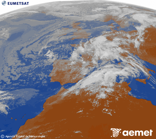 Imaxe da zona de Europa e Norte de �frica da canle infravermella do sat�lite Meteosat operacional en 0�N 0�W, procesada para darlle cor.&nbsp;luns, 4 maio  2026 11:00