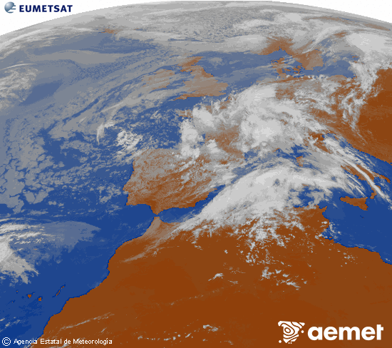 Imaxe da zona de Europa e Norte de �frica da canle infravermella do sat�lite Meteosat operacional en 0�N 0�W, procesada para darlle cor.&nbsp;luns, 4 maio  2026 13:00