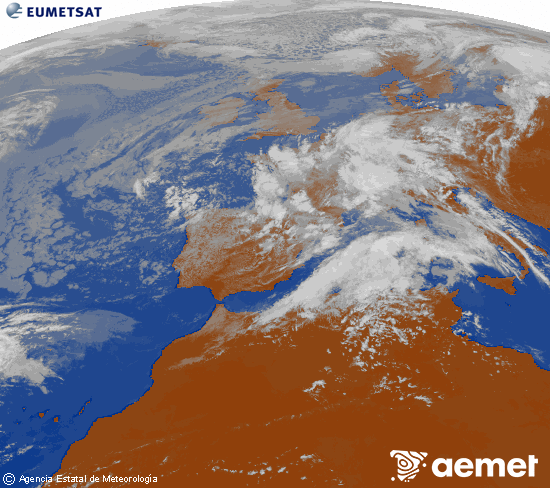 Imaxe da zona de Europa e Norte de �frica da canle infravermella do sat�lite Meteosat operacional en 0�N 0�W, procesada para darlle cor.&nbsp;luns, 4 maio  2026 14:00