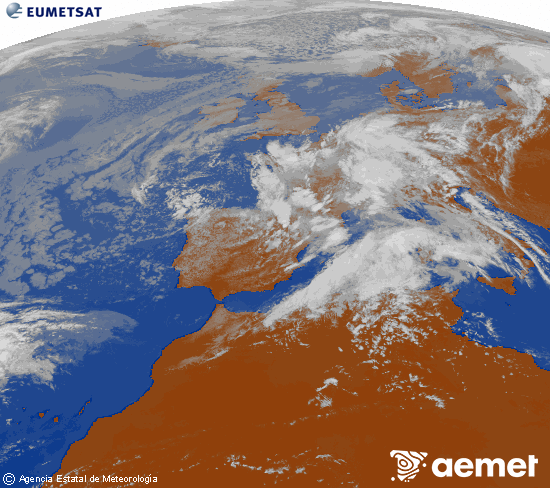 Imaxe da zona de Europa e Norte de �frica da canle infravermella do sat�lite Meteosat operacional en 0�N 0�W, procesada para darlle cor.&nbsp;luns, 4 maio  2026 15:00
