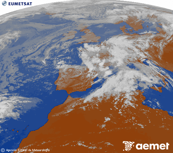 Imaxe da zona de Europa e Norte de �frica da canle infravermella do sat�lite Meteosat operacional en 0�N 0�W, procesada para darlle cor.&nbsp;luns, 4 maio  2026 16:00