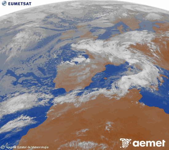Imatge de la zona d'Europa i Nord d'�frica del canal infraroig del sat�l�lit Meteosat operacional en 0�N 0�W, processada per a donar-li color.&nbsp;dimarts, 5 de maig  2026 08:00