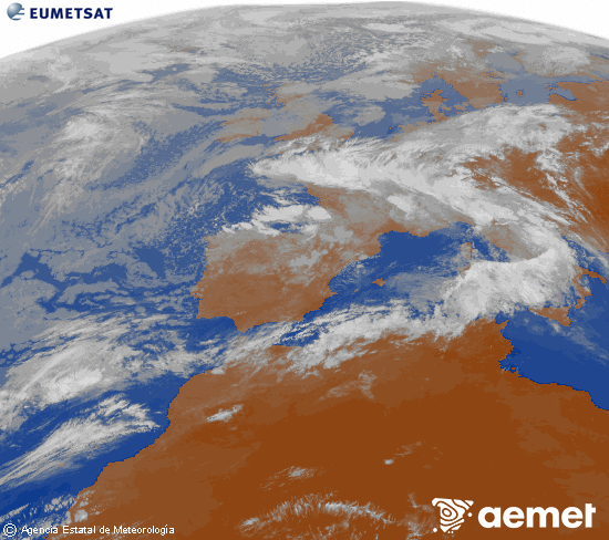 Imatge de la zona d'Europa i Nord d'�frica del canal infraroig del sat�l�lit Meteosat operacional en 0�N 0�W, processada per a donar-li color.&nbsp;dimarts, 5 de maig  2026 10:00