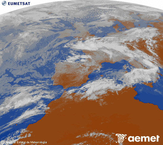 Imatge de la zona d'Europa i Nord d'�frica del canal infraroig del sat�l�lit Meteosat operacional en 0�N 0�W, processada per a donar-li color.&nbsp;dimarts, 5 de maig  2026 12:00