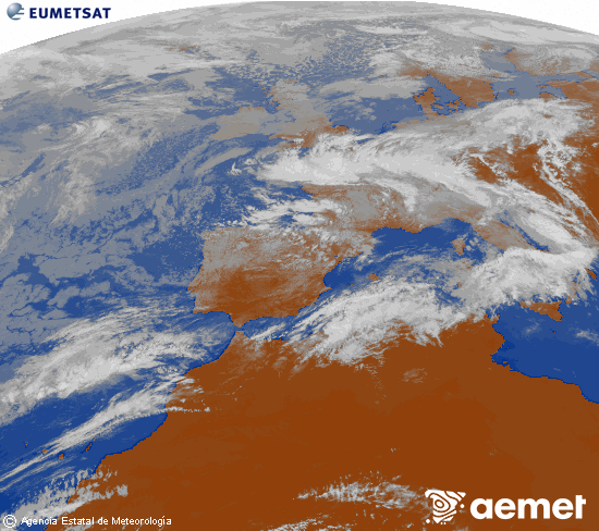 Imatge de la zona d'Europa i Nord d'�frica del canal infraroig del sat�l�lit Meteosat operacional en 0�N 0�W, processada per a donar-li color.&nbsp;dimarts, 5 de maig  2026 13:00